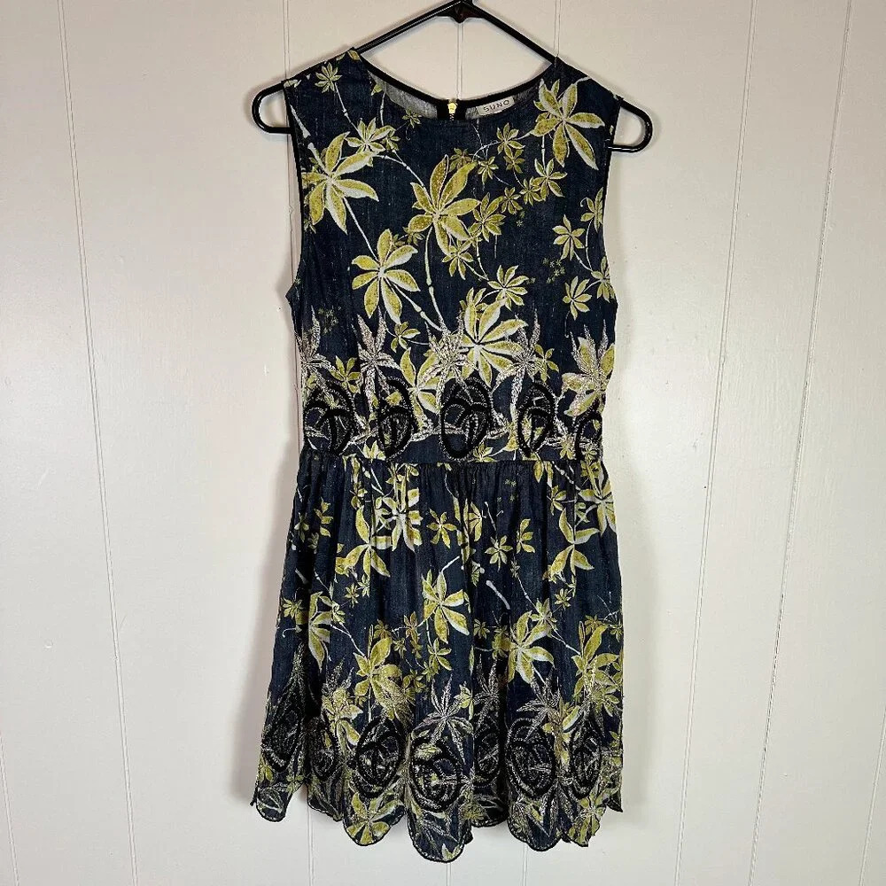 SUNO Sz 4 Silk Floral Fit & Flare Dress 100% Silk Blue Yellow Gold Embroidery